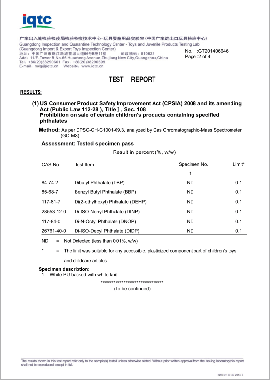 PU material Phthalate free TEST-02