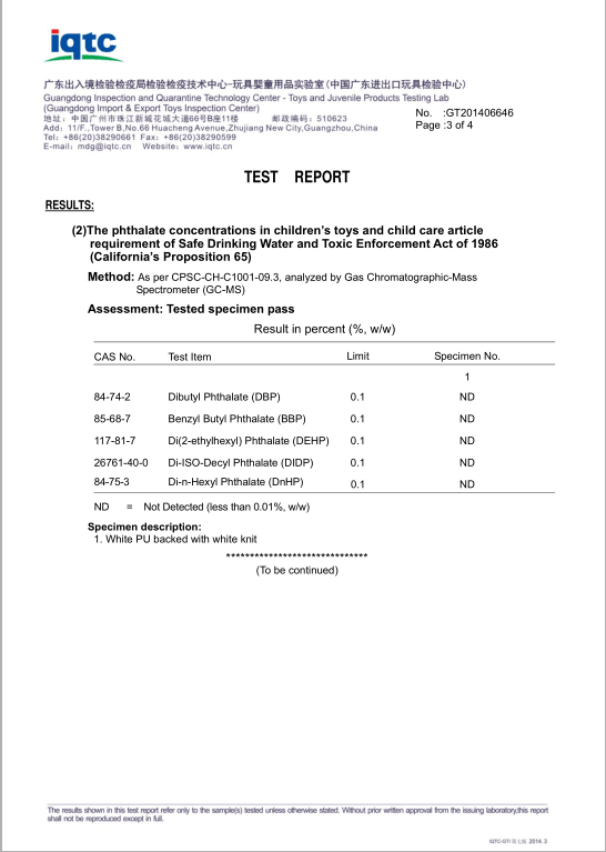 PU material Phthalate free TEST-03